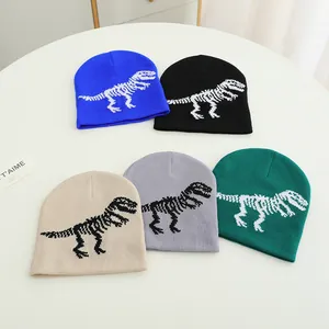 Kids knitted dinosaur skeleton beanies in five colors for winter warmth and comfort