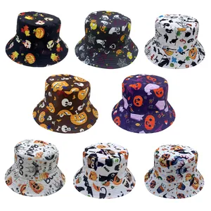 Chapeau Bob Halloween Drôle Fantôme Citrouille Imprimé Chapeau de Soleil Polyester Pliable pour Fête Extérieure Hommes Femmes