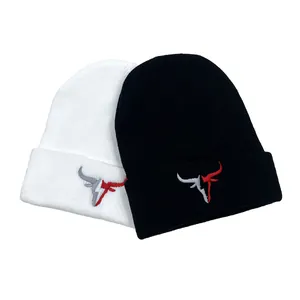 Winter warm knit beanie hat with bull head embroidery in black and white styles