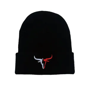 Winter black knit beanie with bull head embroidery and minimalist ribbed cuff design