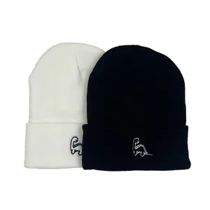 Bonnet en Tricot avec Broderie Dinosaure Chaud Hiver Automne Bonnet à Revers en Acrylique Mode Décontractée Unisexe