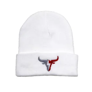 Winter knitted beanie in white featuring a unique gray and red bull horn embroidery