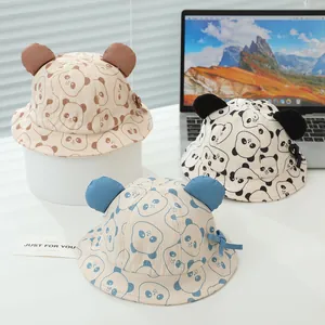 Kleinkind Kinder Cartoon Panda Druck Anglerhut Mit 3D-Ohren Und Schleife Baumwollmischung Sonnenschutz Sonnenhut Für Kinder