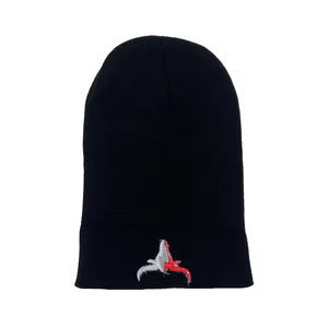 Warm black knitted beanie hat with red bull embroidery for winter and autumn streetwear