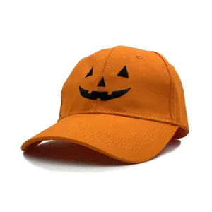 Gorra de béisbol naranja de Halloween con bordado de calabaza negra y sarga de algodón
