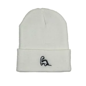Bonnet en maille côtelée blanche avec broderie dinosaure noire pour l'hiver et style hip-hop
