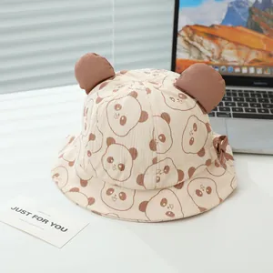 Cute panda corduroy baby sun hat with 3D ears and bow tie for toddlers and infants