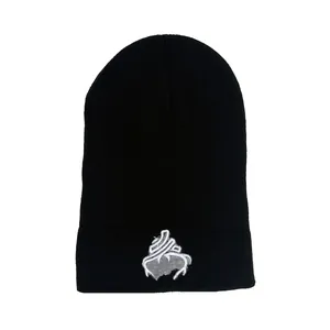 Winter black knit beanie with deer head 3D embroidery on plain white background
