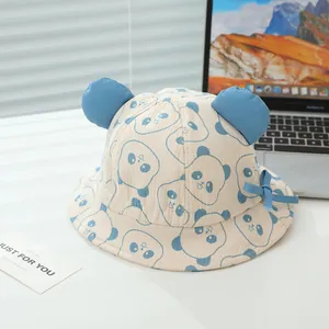 Kleinkinder Fischerhut mit Panda-Motiv, blauen Ohren und Schleife in Beige