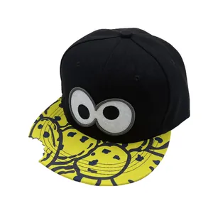 Black street style hip-hop snapback hat with cartoon eyes embroidery and yellow notched brim