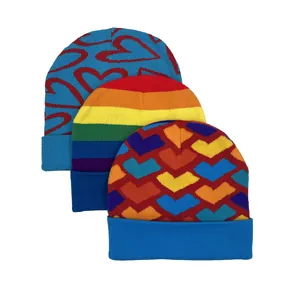 Women Winter Warm Knit Beanie Acrylic Jacquard Heart Pattern Rainbow Striped Cuffed Skull Cap Fashion Headwear For Casual Travel