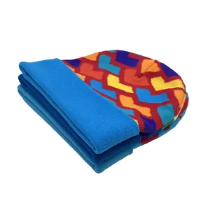 Knit beanie set with colorful heart jacquard pattern and thick blue ribbed cuff detail