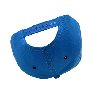 Rear view of blue snapback hip hop hat with adjustable strap and detailed stitching