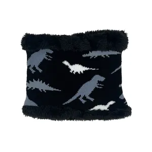 Kids knitted neck warmer with dinosaur pattern and black faux fur trim for boys and girls