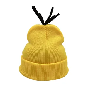 Bright yellow minions inspired knitted beanie with black sprout decorative elements
