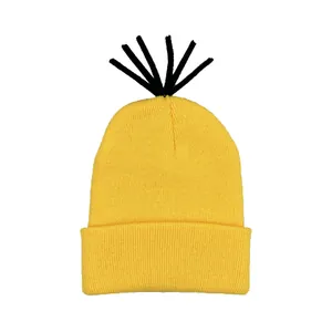 Yellow knitted Minion beanie for Halloween cosplay with black hair detail for adults and kids