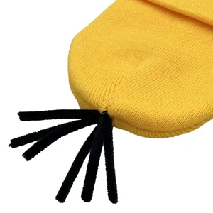 Yellow knitted Minion beanie with black hair detail for Halloween cosplay costumes