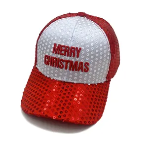Cappellino da baseball con paillettes rosse e bianche e ricamo Merry Christmas
