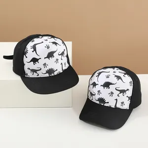 Kids Cotton Baseball Cap Dinosaur Print Adjustable Snapback Curved Brim Sun Hat For Boys Girls Black White Streetwear