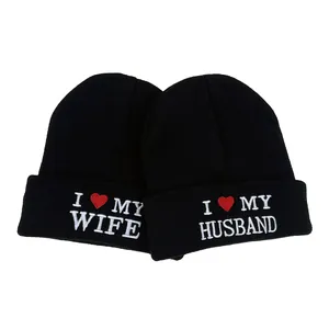 Bonnet Tricoté Brodé I Love My Wife Husband Noir Chaud En Acrylique Hiver Bonnet De Couple Pour Hommes Femmes Bijoux