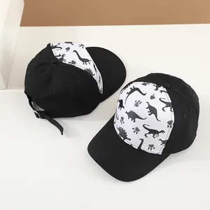 Kids dinosaur print baseball caps in black and white with adjustable metal buckle