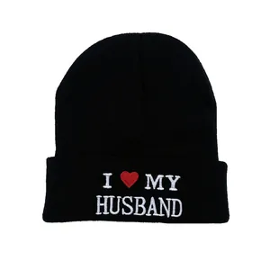 Bonnet en tricot noir d'hiver avec broderie I Love My Husband pour hommes et femmes