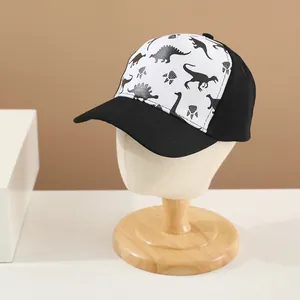 Kids baseball cap with dinosaur silhouette print and classic black and white design