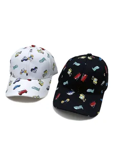Detailed pattern of cartoon excavator and airplane prints on cotton baseball hats