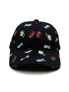 Detailed close-up of kid's black baseball cap with colorful cartoon vehicle print