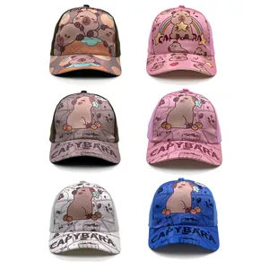 Detailed grid showing multiple Capybara cartoon patterns on colorful kids baseball caps