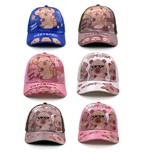 Kids baseball cap featuring cartoon Capybara prints in six various colors and styles