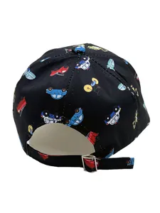 Detail of children's black baseball cap with cartoon cars and adjustable metal buckle