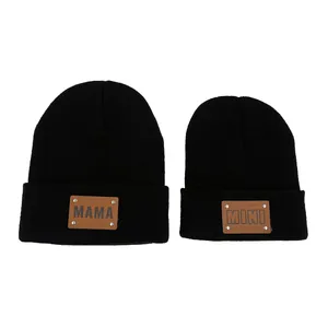 Set Berretti in Maglia Genitore-Figlio MAMA MINI Toppa in Pelle Cappello a Costine per Adulti Bambini Invernale Caldo