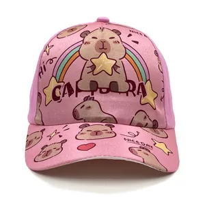 Pink cotton baseball cap featuring cute capybara cartoon prints and stars detail