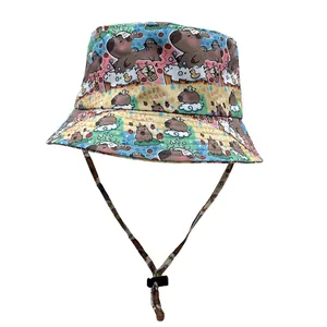 Süßer Anglerhut Mit Capybara-Druck Und Verstellbarem Winddichtem Seil Für Damen Und Herren Polyester Lässiger Outdoor-Sonnenschutzhut