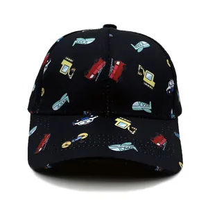 Kids black baseball cap with colorful cartoon excavator and airplane prints