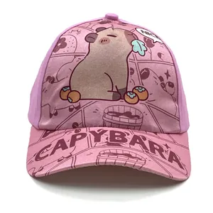 Pink Capybara baseball cap for kids with cute cartoon prints and wide brim for sun protection