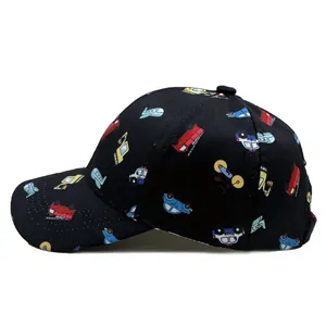 Kids black baseball cap with colorful cartoon vehicle patterns and curved brim