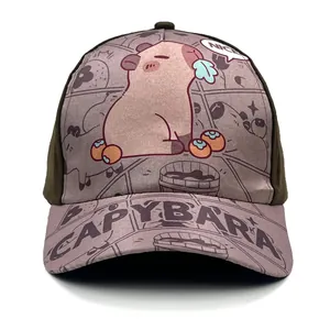 Detail of Capybara cartoon embroidery on a two-tone kids baseball cap with NICE bubble print
