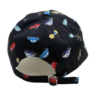 Kids black baseball cap with cartoon vehicle prints and adjustable metal buckle back