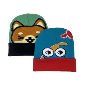 Casual Winter Warm Acrylic Knit Beanie Hat For Women Men Cartoon Animal Fox Eyes Jacquard Contrast Color Fashion Skull Cap