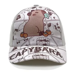 Close-up of comic-style Capybara print on light gray kids baseball cap brim
