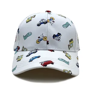 Kids' white baseball cap featuring colorful cartoon excavator and airplane prints
