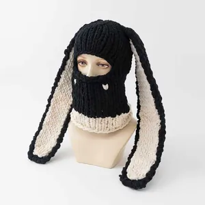 Handgestrickte Teufelshörner Hasenohren Balaclava Gesichtsmaske Winter Dicke Warme Acryl Häkelmütze Für Damen Herren Lustige Party Hut