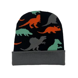 Grazioso berretto in maglia nero con motivi jacquard di dinosauri colorati invernali