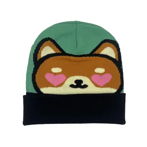 Cute shiba inu beanie with light green knit and heart eye pattern for winter fashion