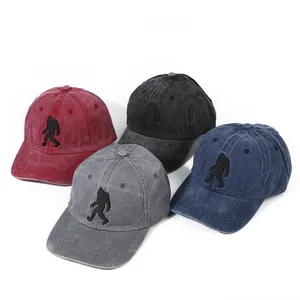 Washed Cotton Distressed Baseball Cap With Bigfoot Sasquatch Embroidery Adjustable Vintage Outdoor Sunshade Unisex Peak Cap