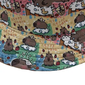 Süßer Fischerhut aus Baumwolle mit Capybara-Print, Sonnenschutz und praktischem Windseil