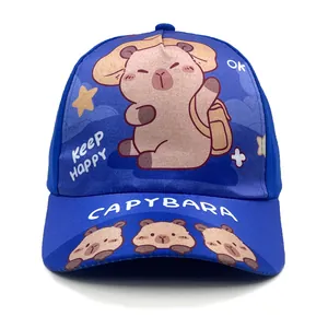 Detailed close-up of blue kids capybara baseball cap with Keep Happy printed graphic