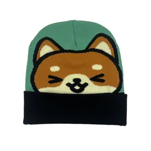 Green and black knit beanie featuring a cute Shiba Inu jacquard pattern on a white background